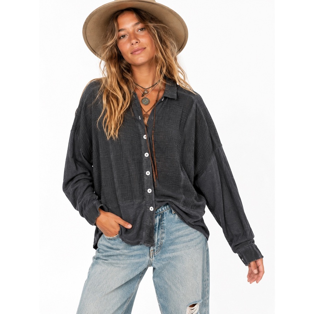 We The‎ Free Free People Charcoal Grey Mixed Media Gauze Button Down Shirt XS